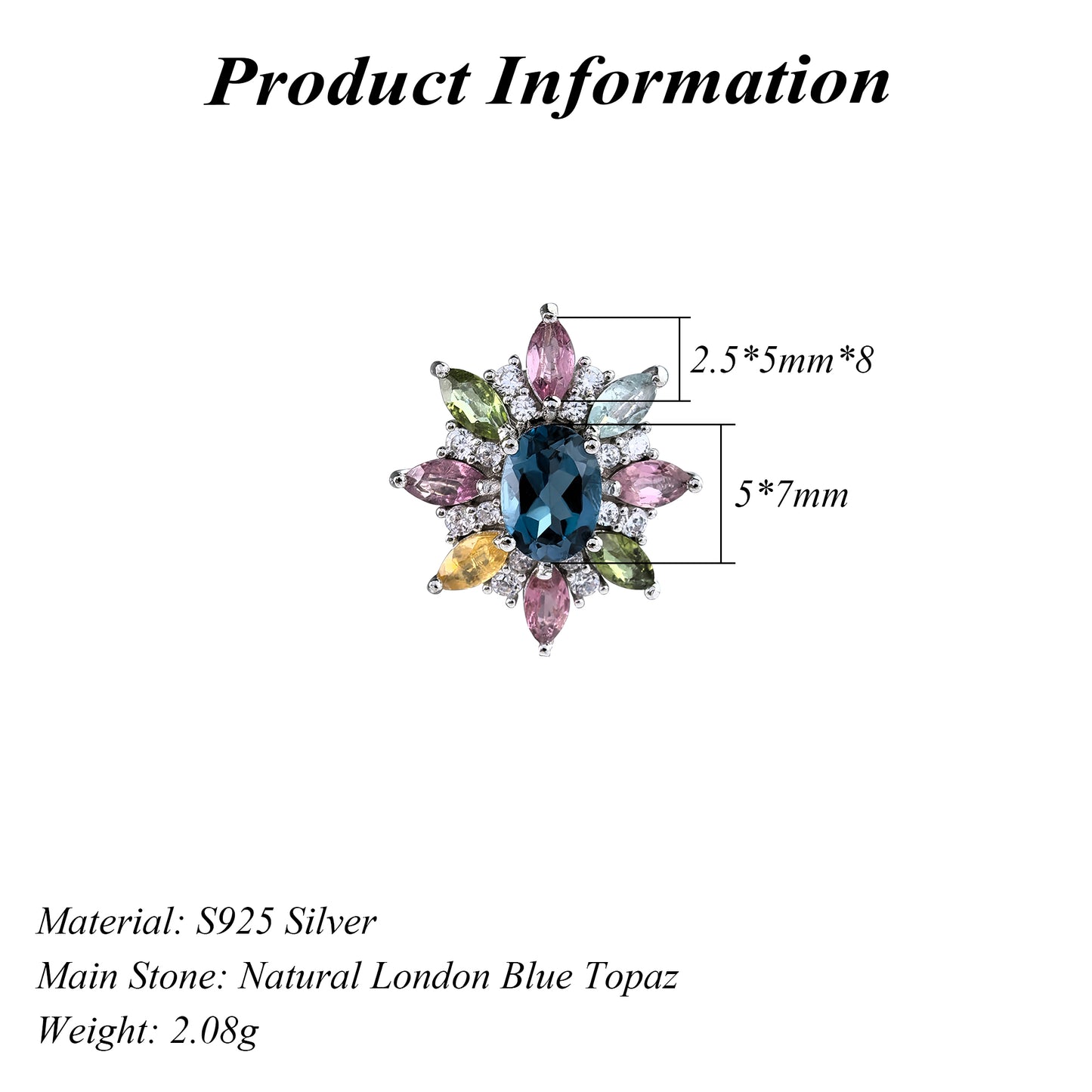 Elegant Rhodium Plated Silver 925 Natural London Blue Topaz Flower Pendant