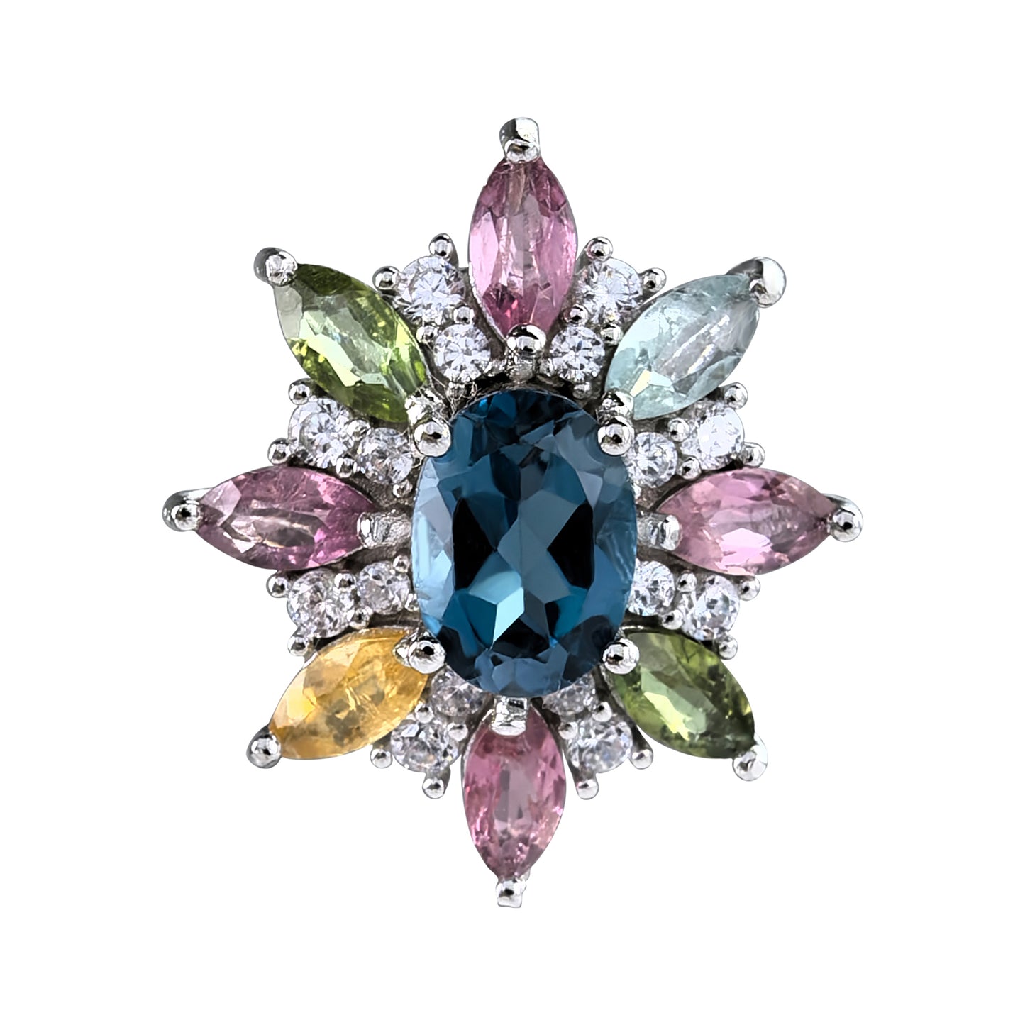 Elegant Rhodium Plated Silver 925 Natural London Blue Topaz Flower Pendant