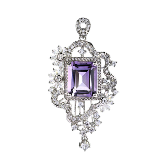925 Sterling Silver Emerald Cut Natural Amethyst Pendant Delicate Rhodium Plated