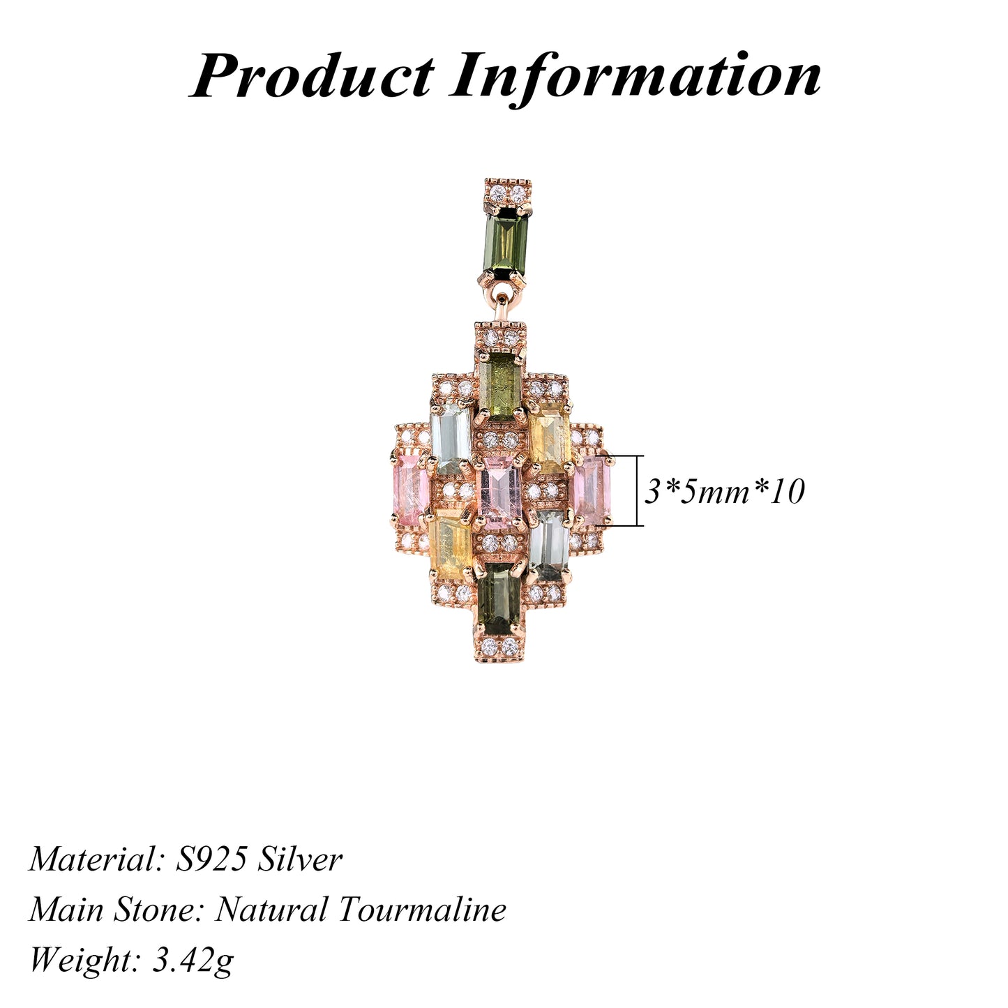Trendy Rose Gold Plated Silver 925 Jewelry Natural Tourmaline Pendant
