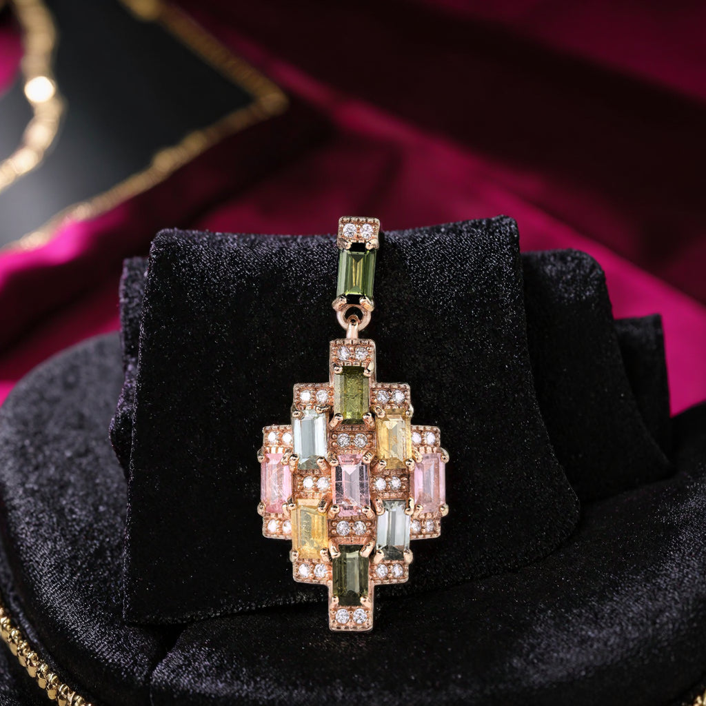 Trendy Rose Gold Plated Silver 925 Jewelry Natural Tourmaline Pendant