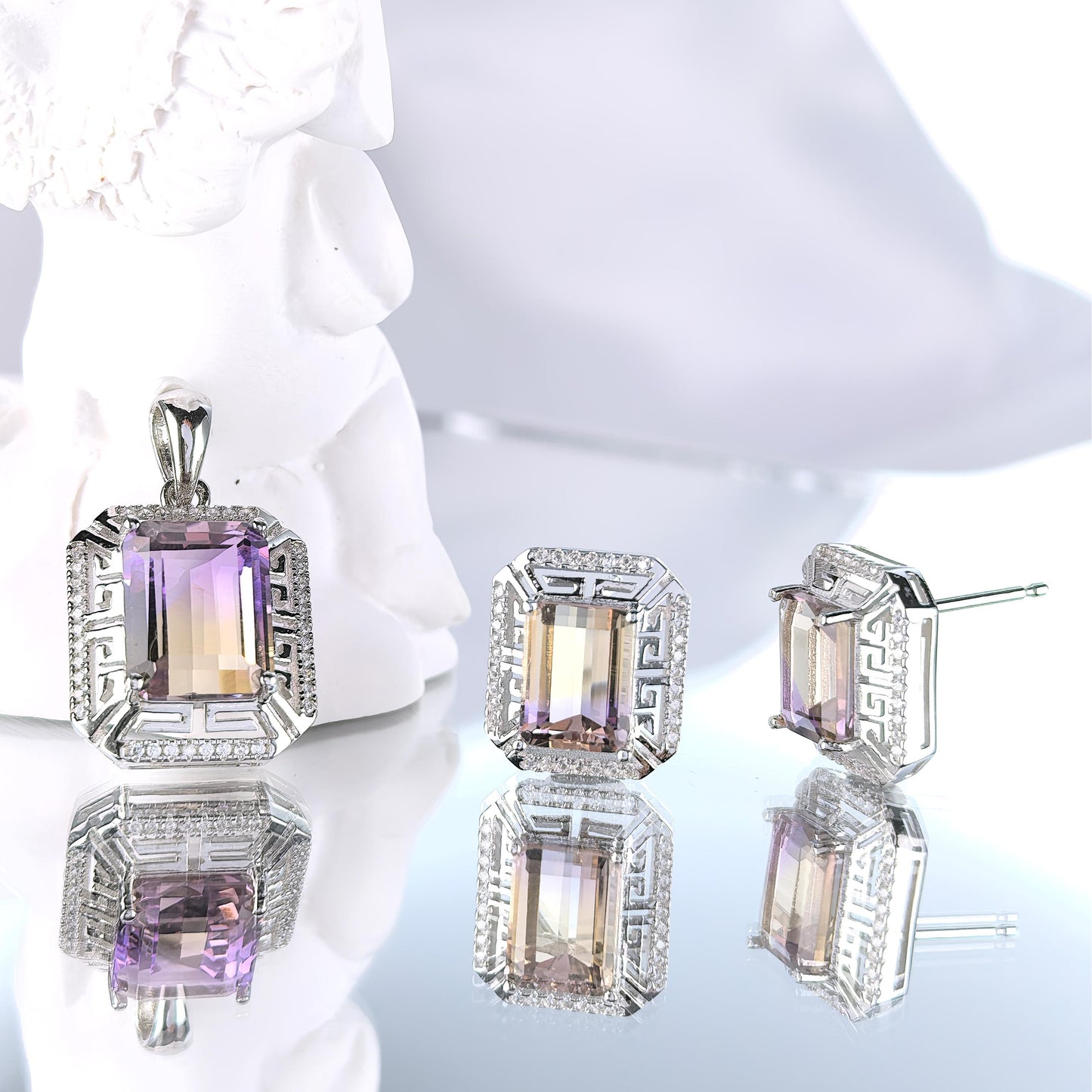Glamorous Rhodium Plated Joyeria Plata 925 Natural Ametrine Jewelry Set