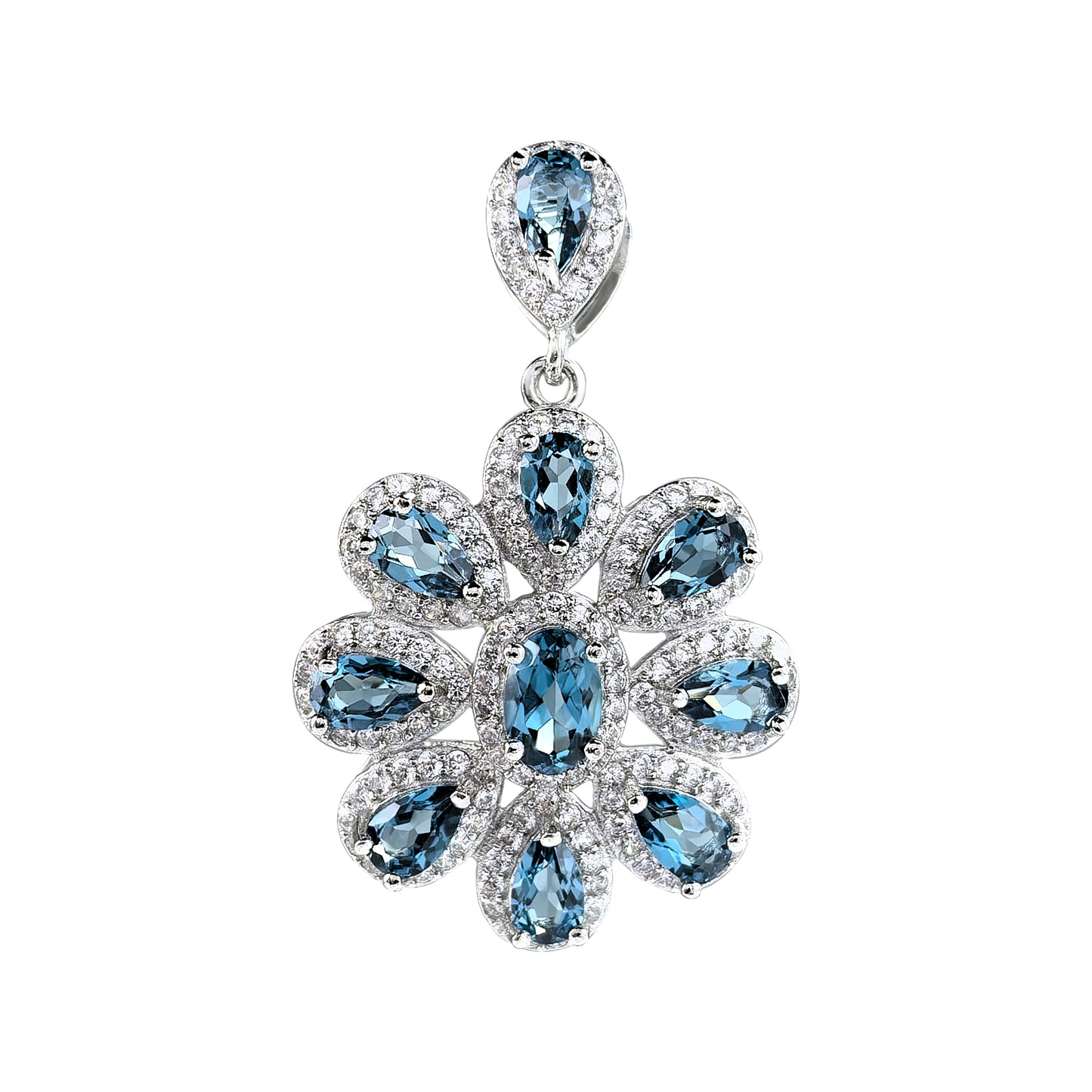 Sparkling Rhodium Plated 925 Sterling Silver Natural London Blue Topaz Pendant