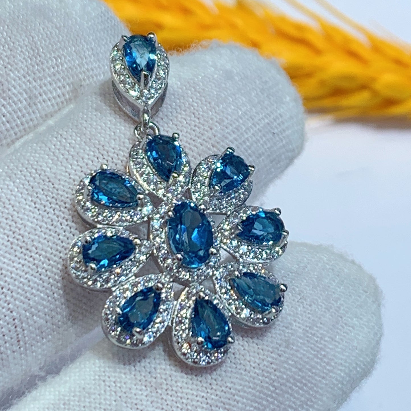 Sparkling Rhodium Plated 925 Sterling Silver Natural London Blue Topaz Pendant