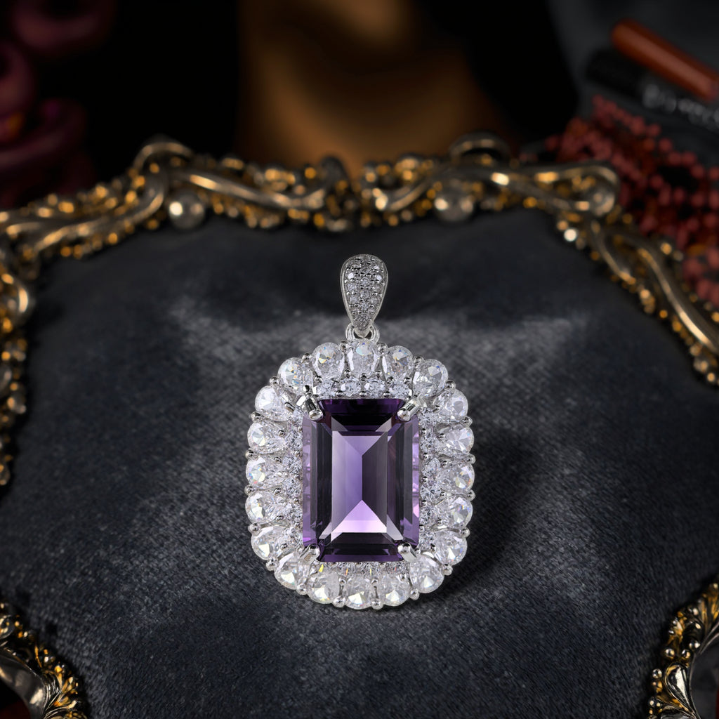 Shining Rhodium Plated Silver 925 Natural Amethyst Pendant Emerald Cut