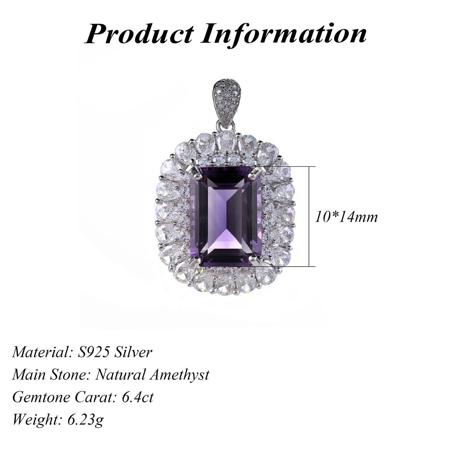 Shining Rhodium Plated Silver 925 Natural Amethyst Pendant Emerald Cut