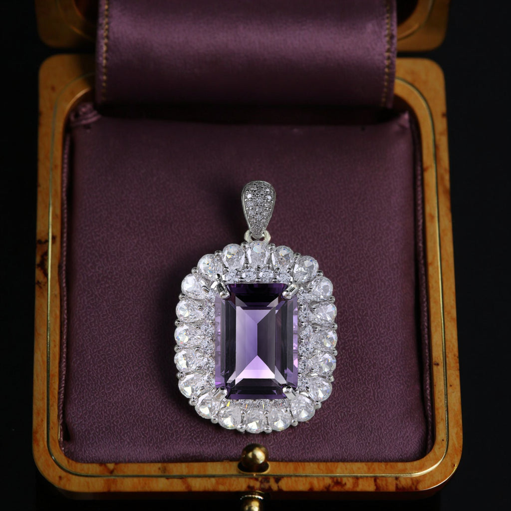 Shining Rhodium Plated Silver 925 Natural Amethyst Pendant Emerald Cut