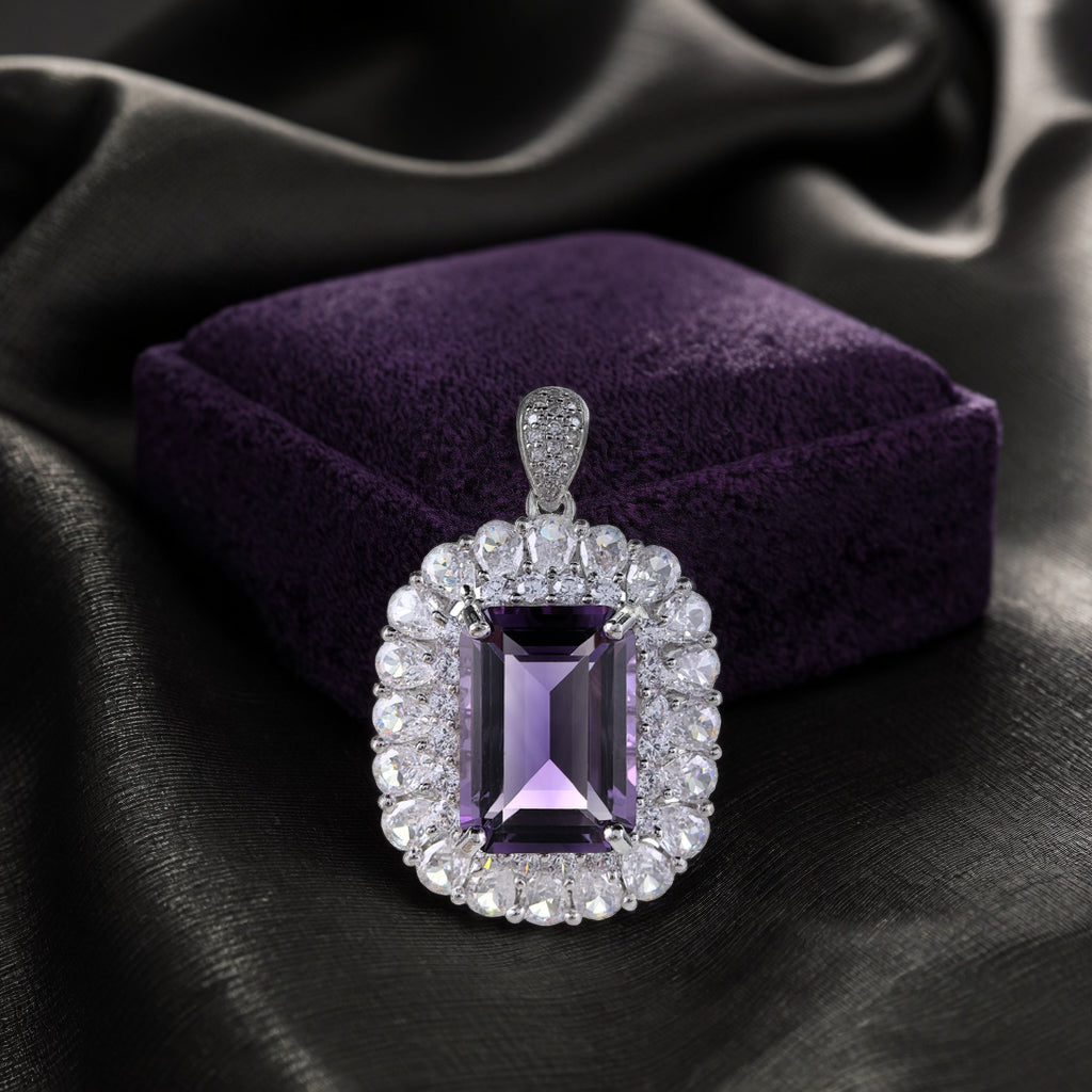 Shining Rhodium Plated Silver 925 Natural Amethyst Pendant Emerald Cut