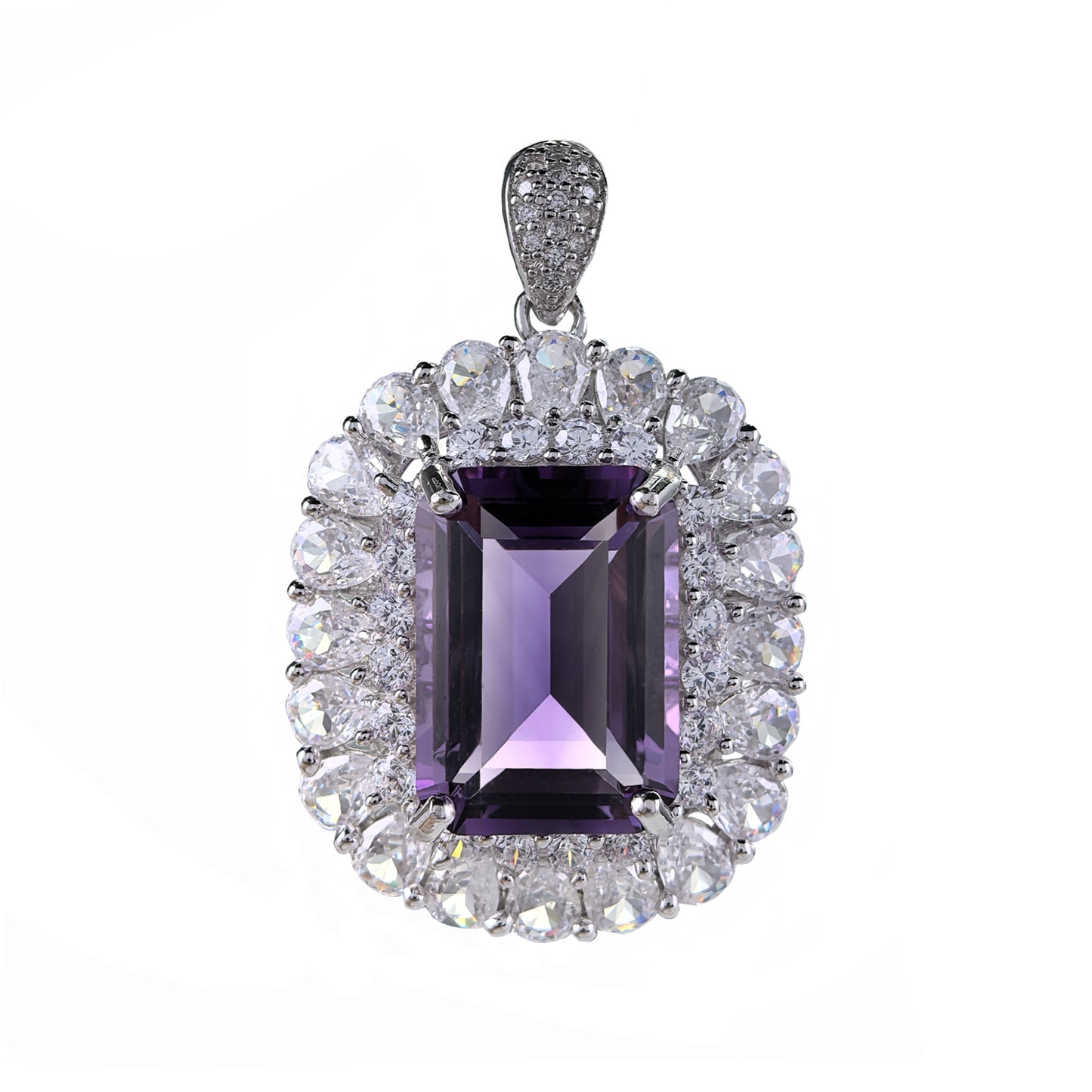 Shining Rhodium Plated Silver 925 Natural Amethyst Pendant Emerald Cut