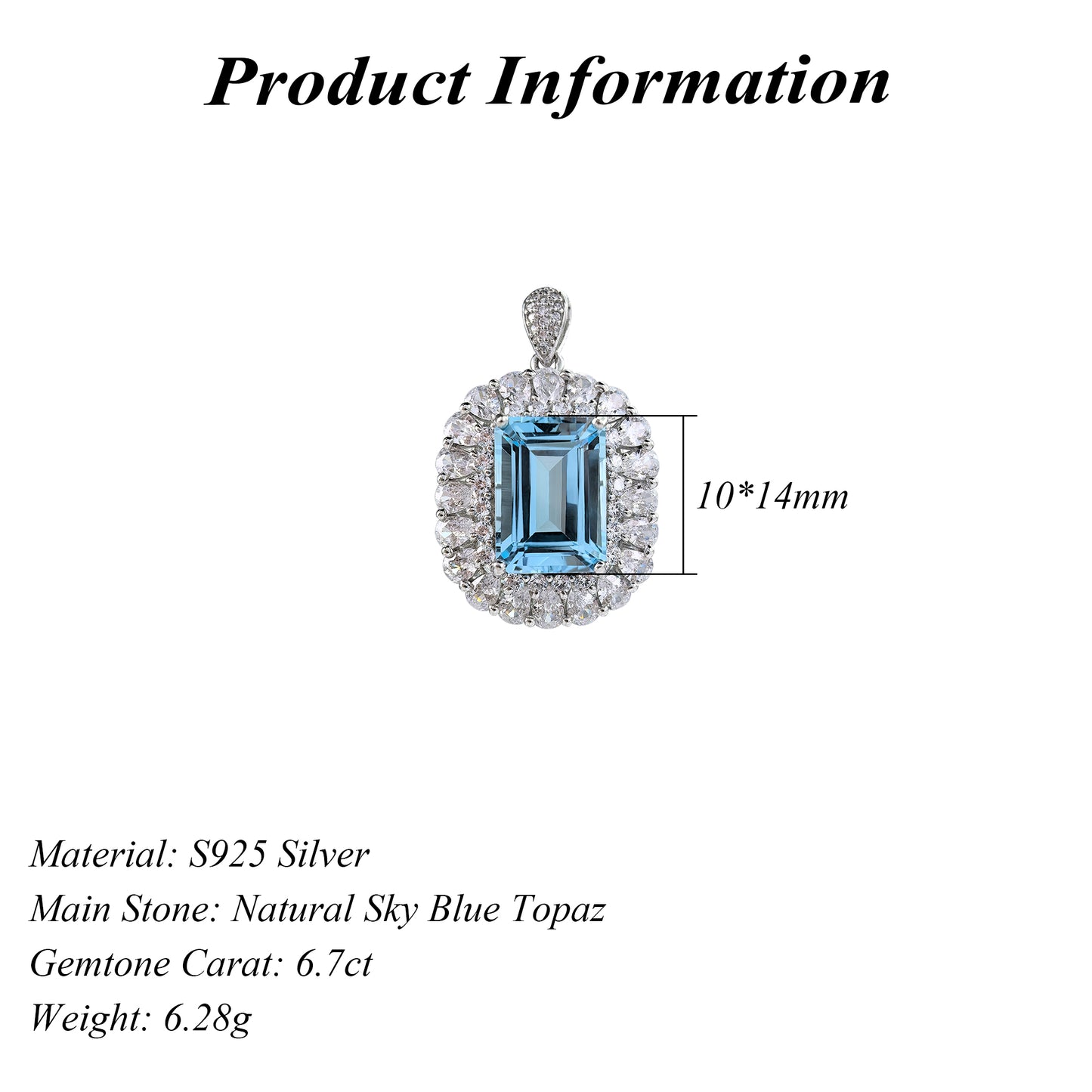 Sparkling Rhodium Plated 925 Silver Jewelry Natural Sky Blue Topaz Pendant