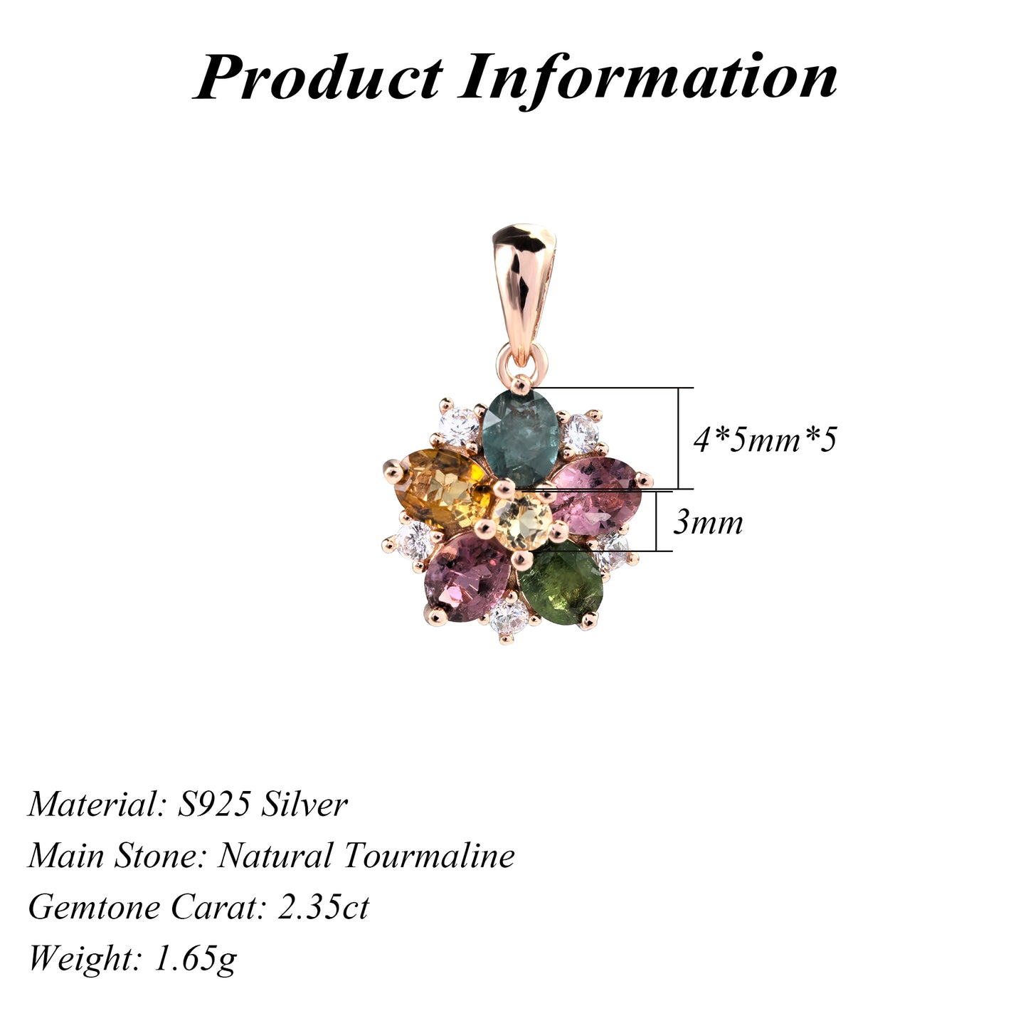 Delicate Rose Gold Plated 925 Sterling Silver Natural Tourmaline Flower Pendant