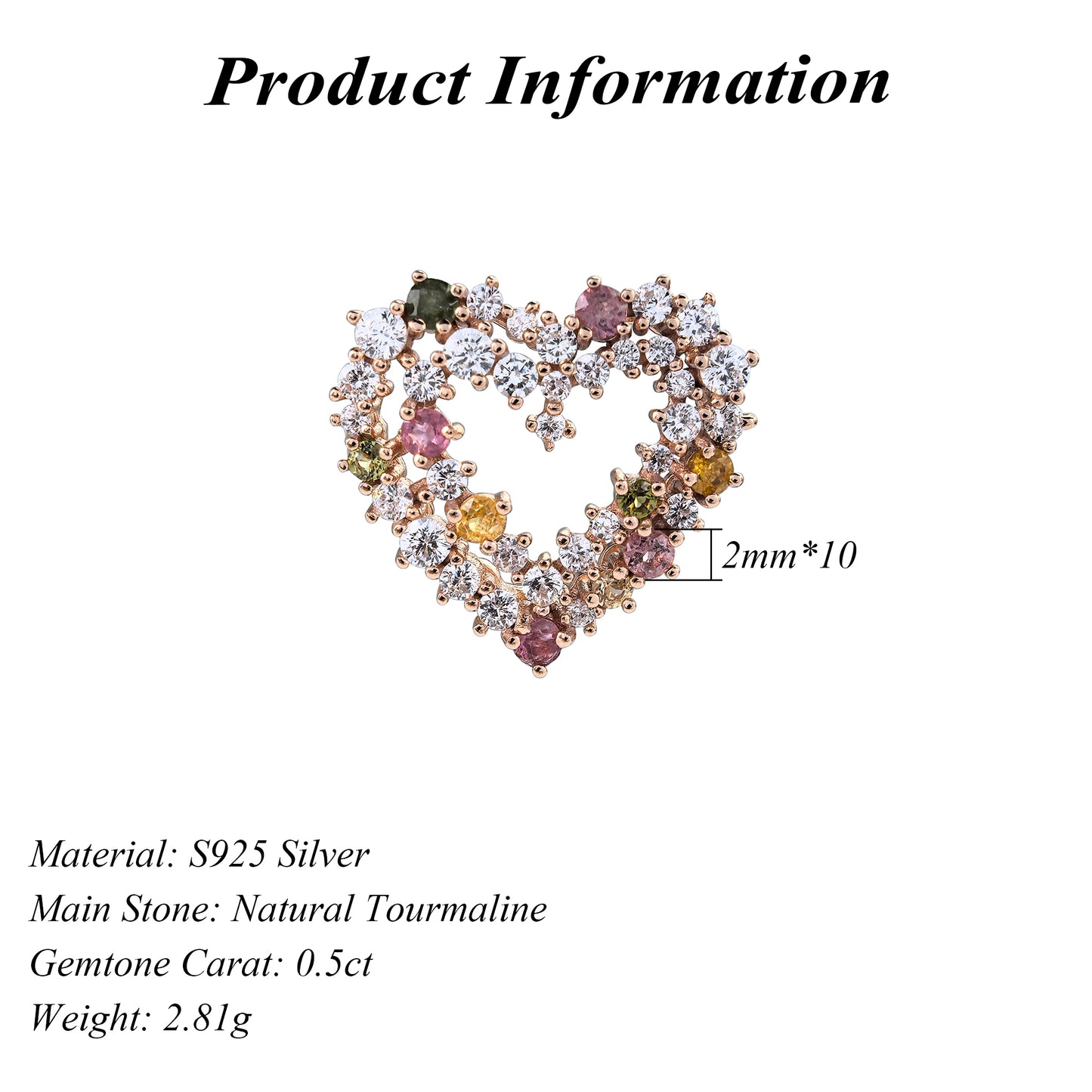 Romantic Rose Gold Plated 925 Sterling Silver Natural Tourmaline Heart Pendant