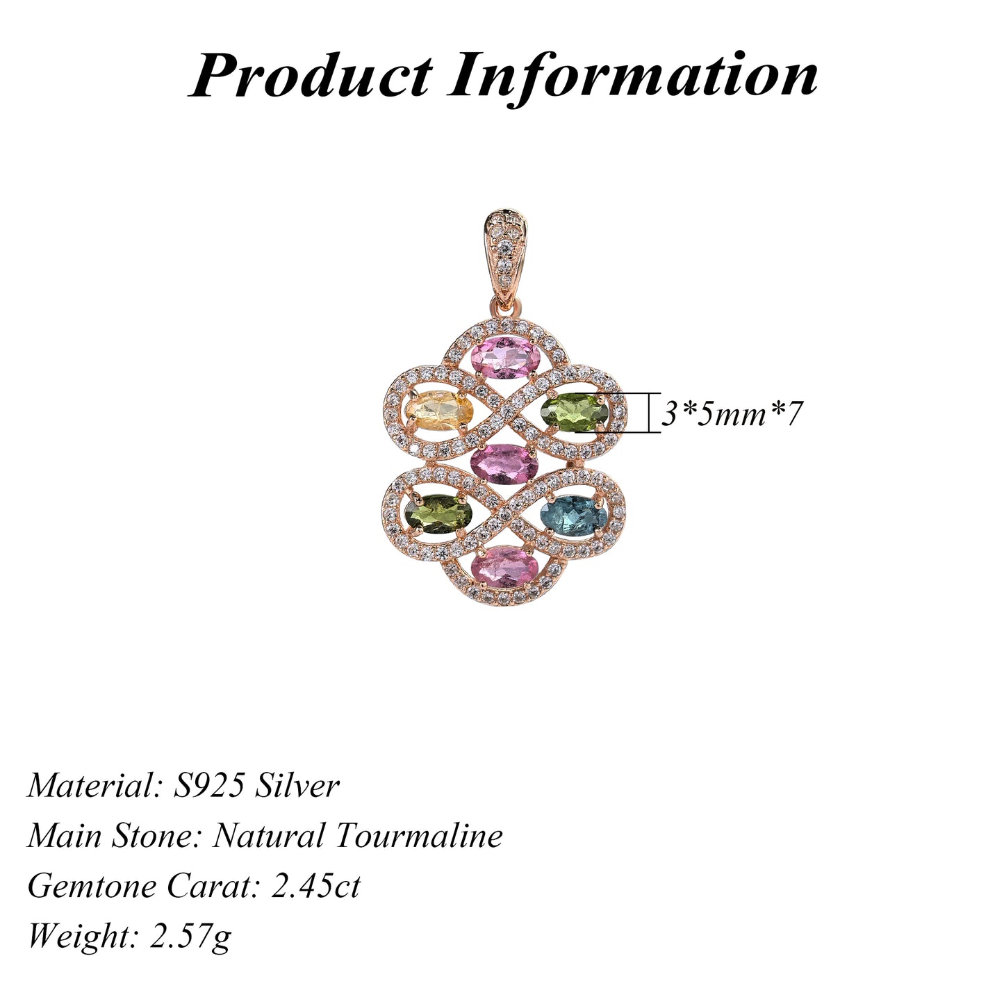 Unique Rose Gold Plated 925 Silver Jewelry Natural Tourmaline Pendant