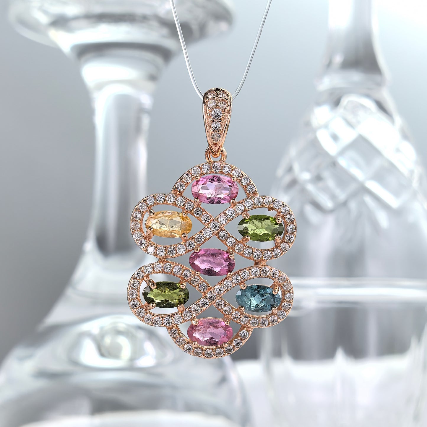Unique Rose Gold Plated 925 Silver Jewelry Natural Tourmaline Pendant