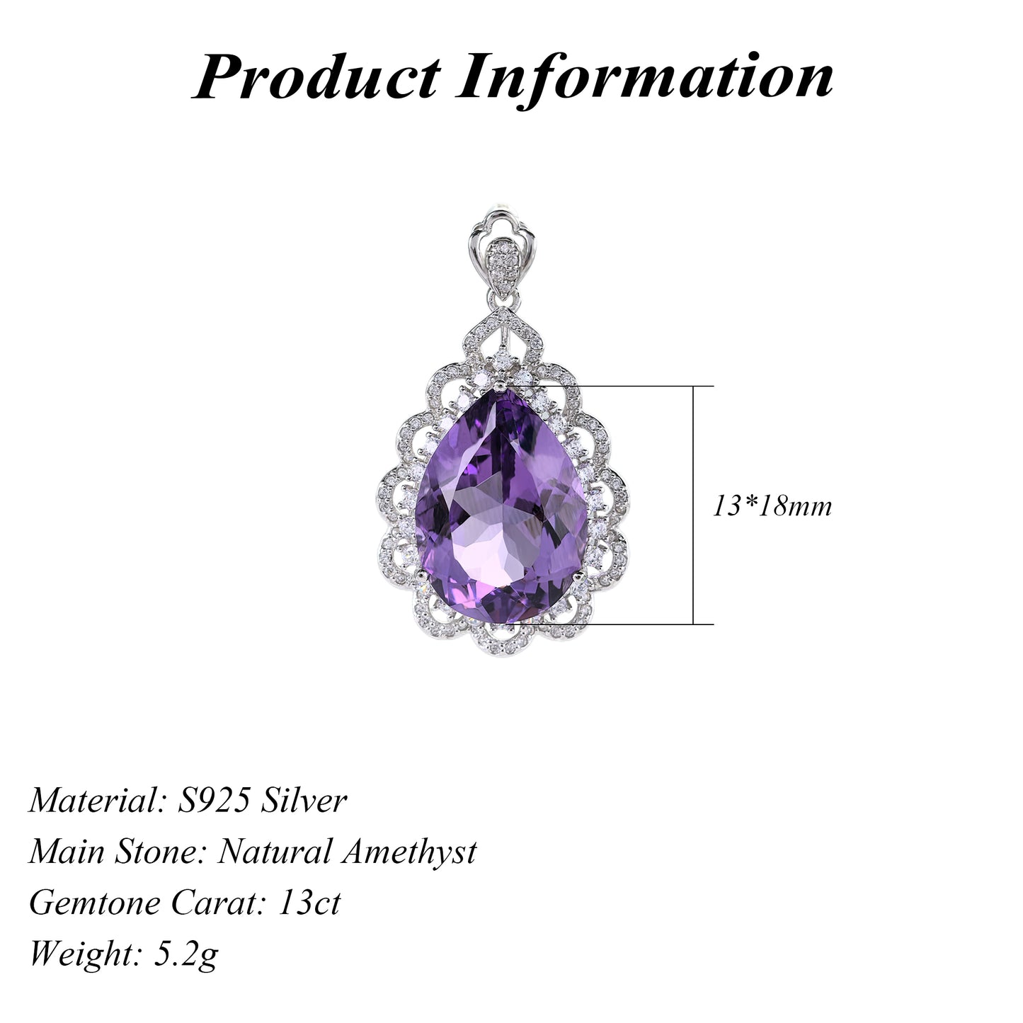 Elegant Rhodium Plated 925 Sterling Silver Natural Amethyst Flower Pendant