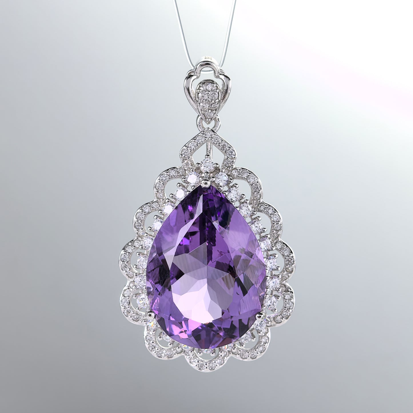 Elegant Rhodium Plated 925 Sterling Silver Natural Amethyst Flower Pendant