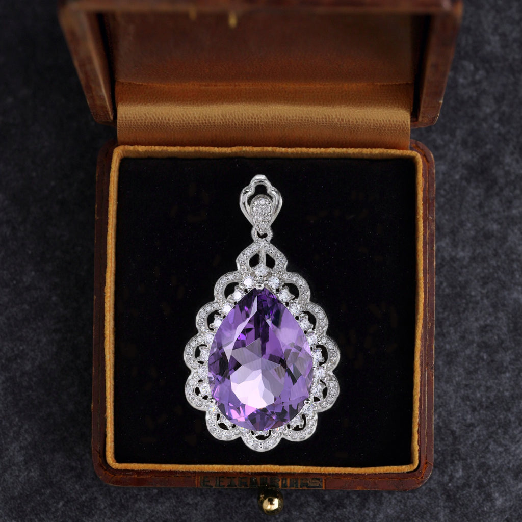 Elegant Rhodium Plated 925 Sterling Silver Natural Amethyst Flower Pendant