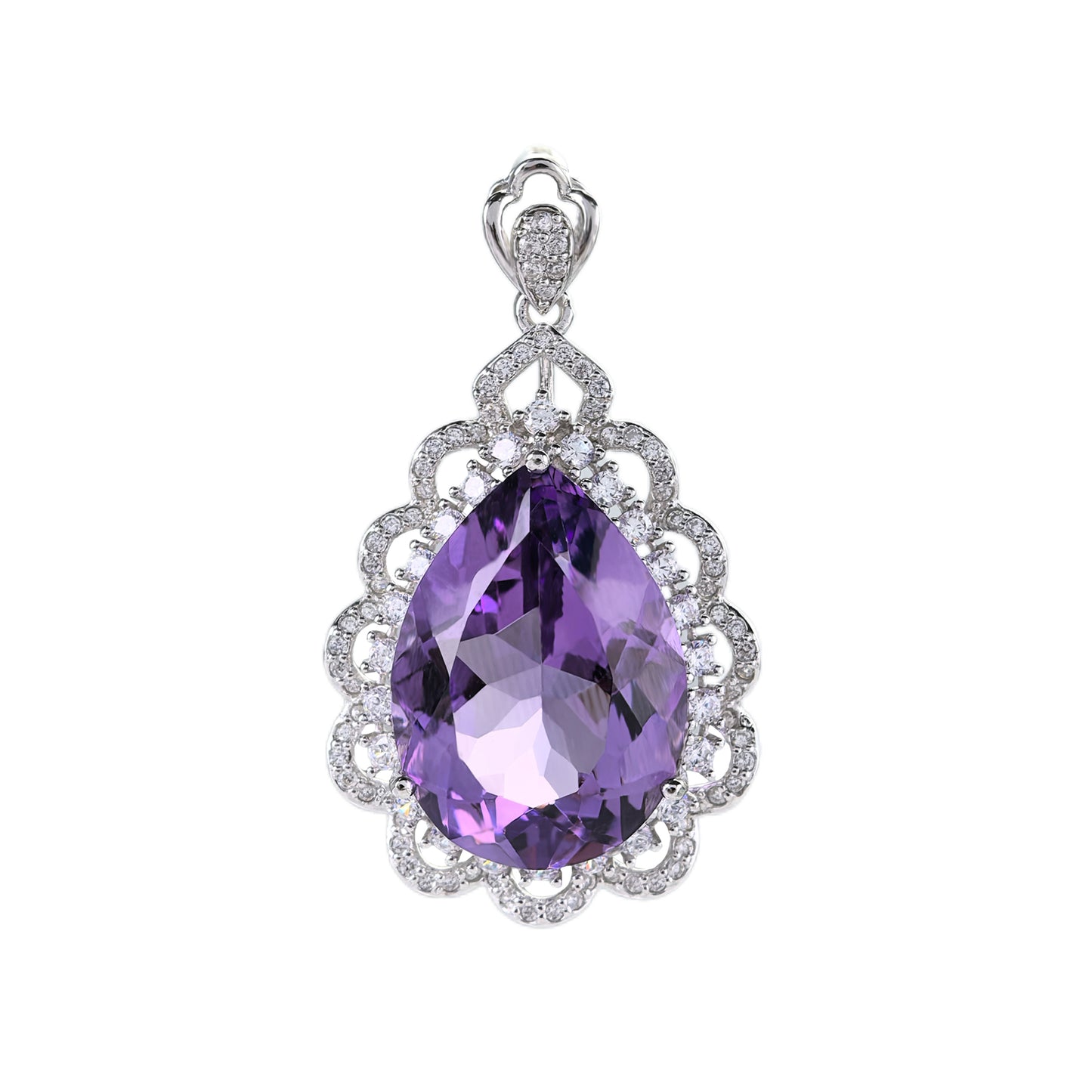 Elegant Rhodium Plated 925 Sterling Silver Natural Amethyst Flower Pendant