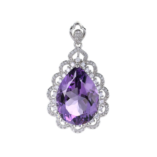 Elegant Rhodium Plated 925 Sterling Silver Natural Amethyst Flower Pendant