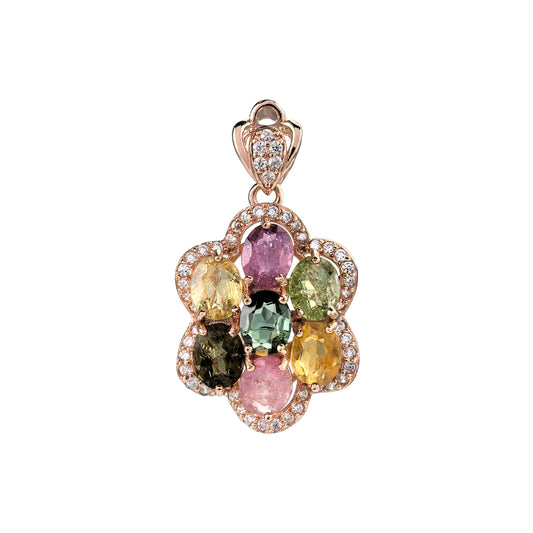 Elegant Rose Gold Plated 925 Sterling Silver Natural Tourmaline Flower Pendant