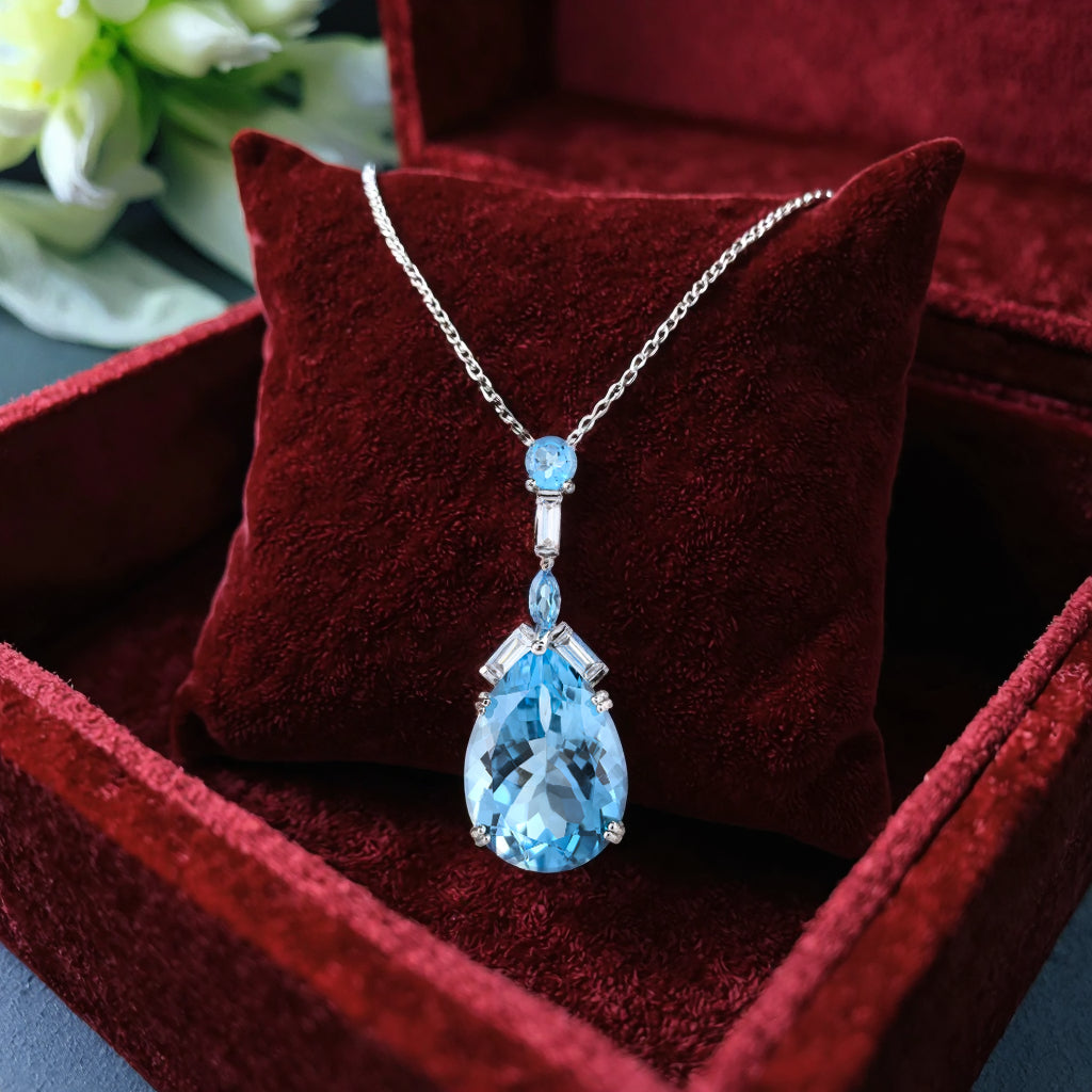 Luxurious Rhodium Plated 925 Sterling Silver Natural Swiss Blue Topaz Pendant