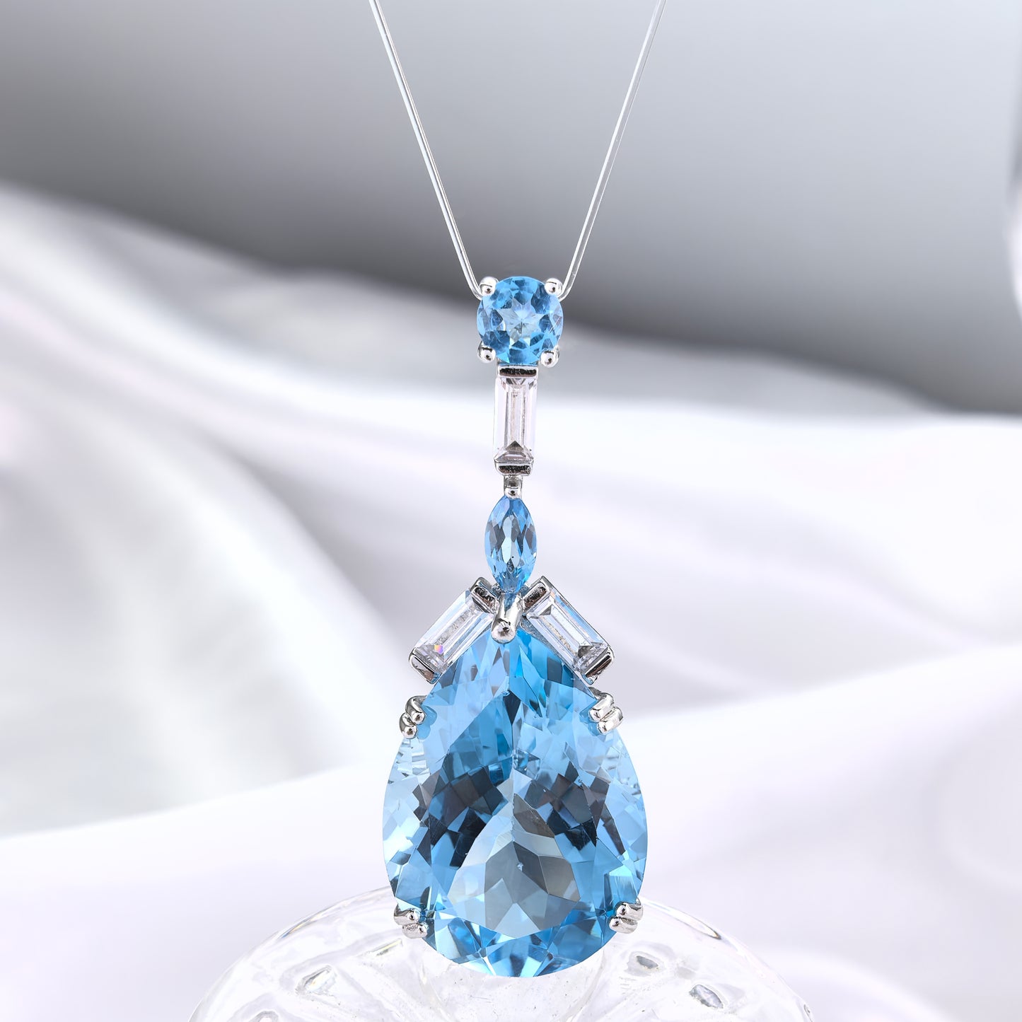 Luxurious Rhodium Plated 925 Sterling Silver Natural Swiss Blue Topaz Pendant