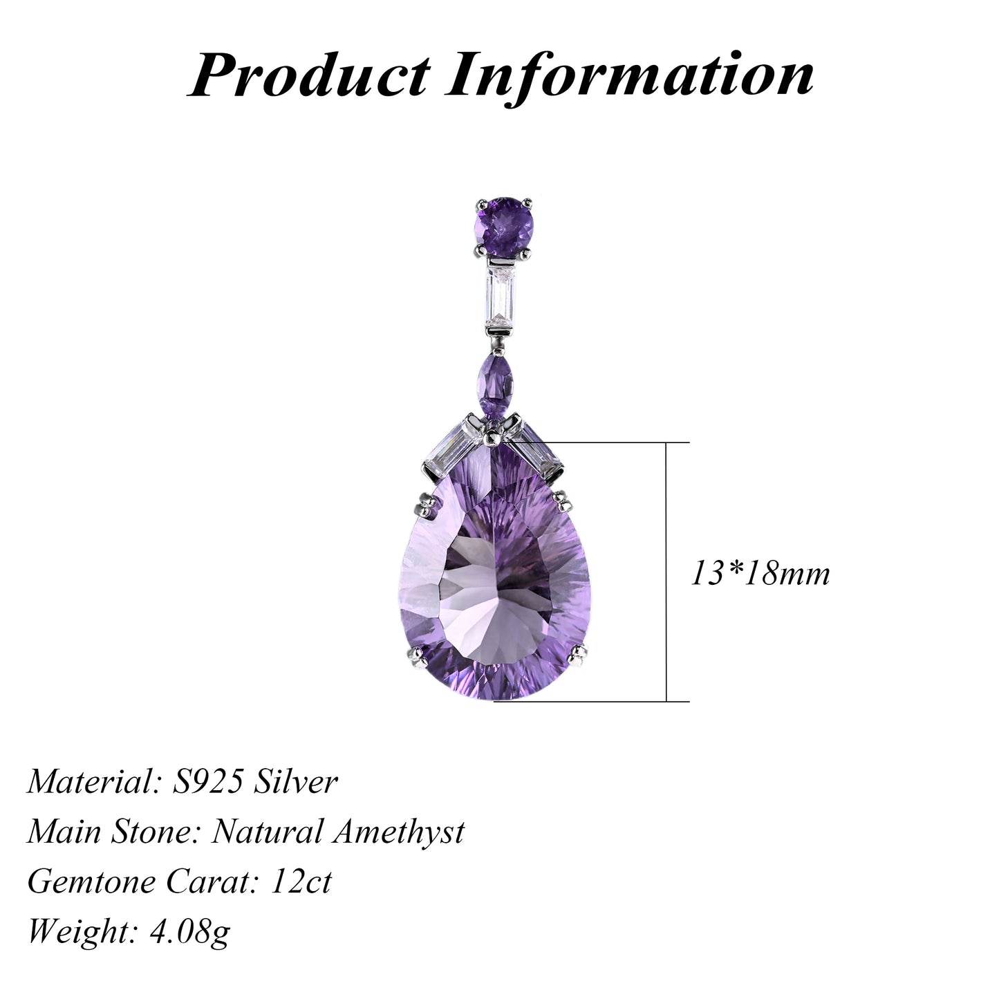Graceful Rhodium Plated Plata 925 Pear Cut Natural Amethyst Pendant
