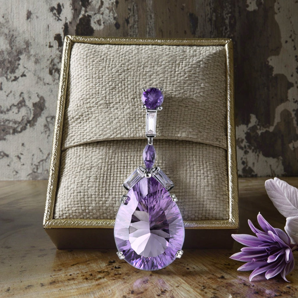 Graceful Rhodium Plated Plata 925 Pear Cut Natural Amethyst Pendant
