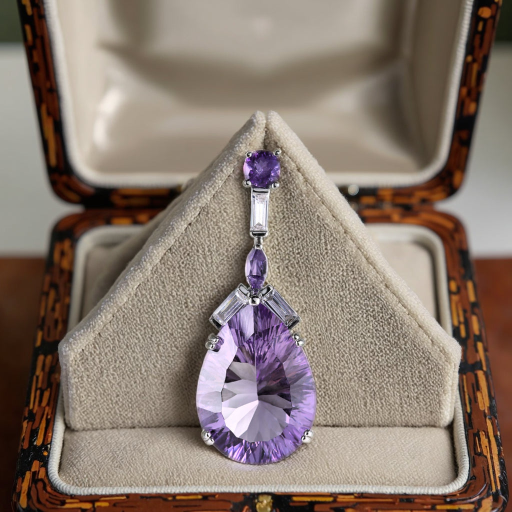 Graceful Rhodium Plated Plata 925 Pear Cut Natural Amethyst Pendant