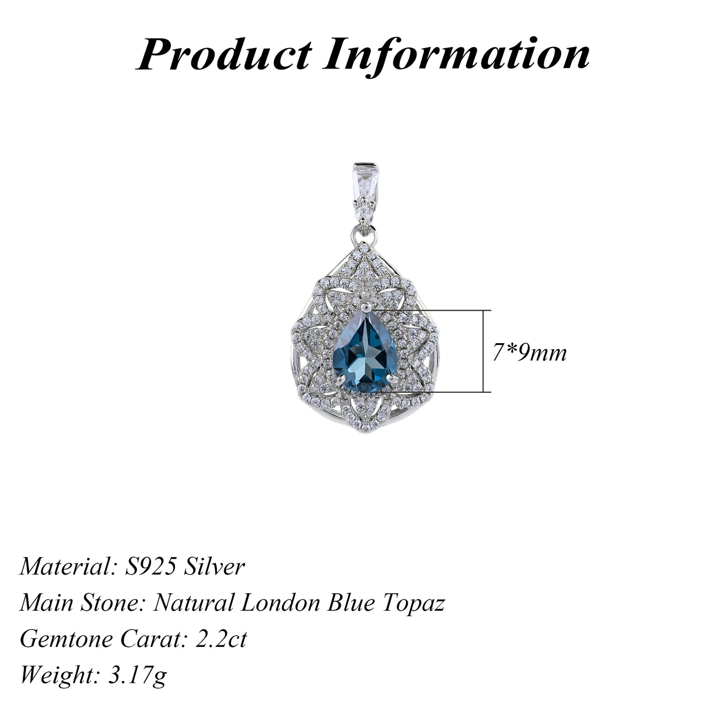 Graceful Rhodium Plated 925 Silver Natural London Blue Topaz Pendant
