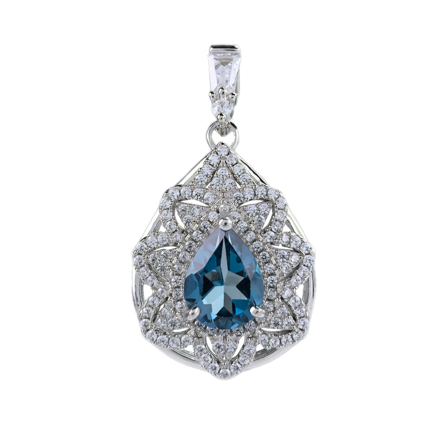 Graceful Rhodium Plated 925 Silver Natural London Blue Topaz Pendant