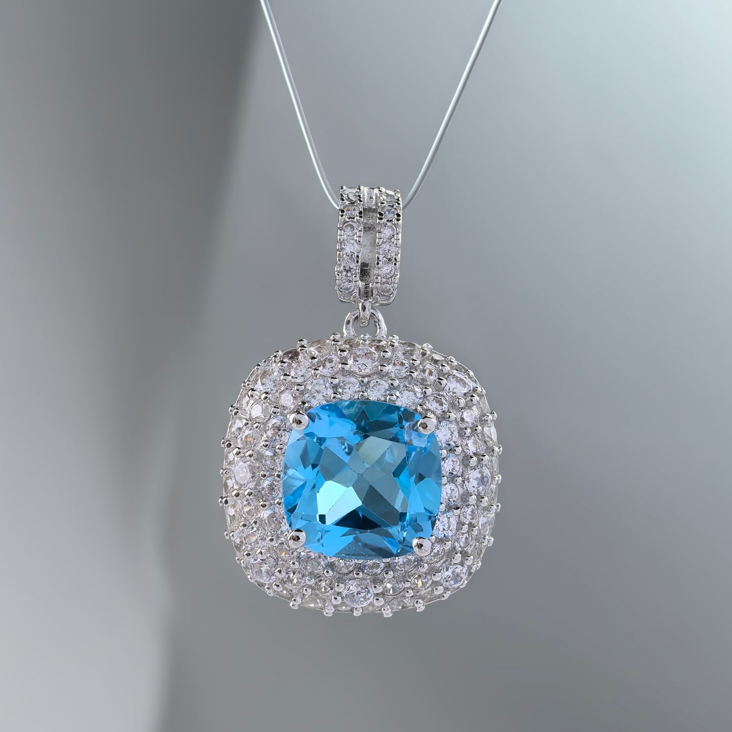 Sparkling Rhodium Plated 925 Sterling Silver Natural Swiss Blue Topaz Pendant