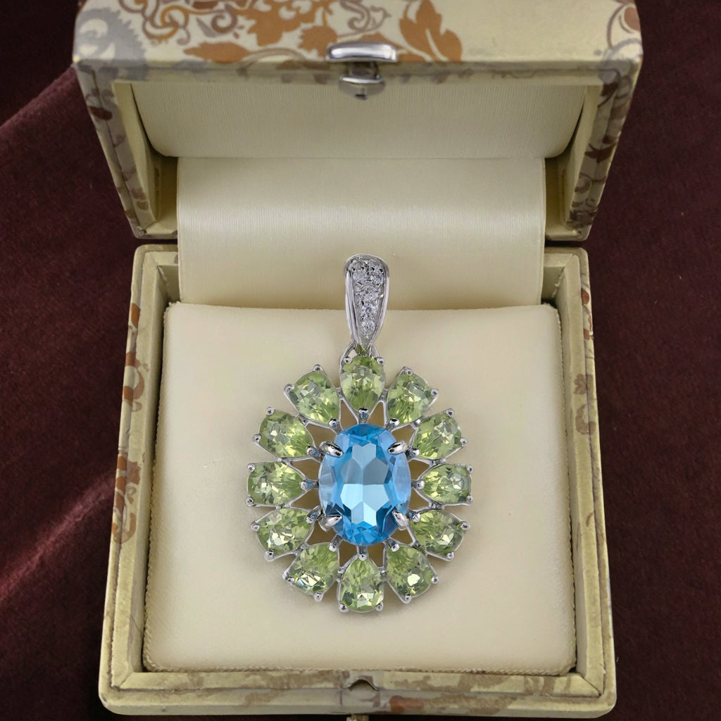 Unique Rhodium Plated 925 Silver Jewelry Natural Swiss Blue Topaz Pendant