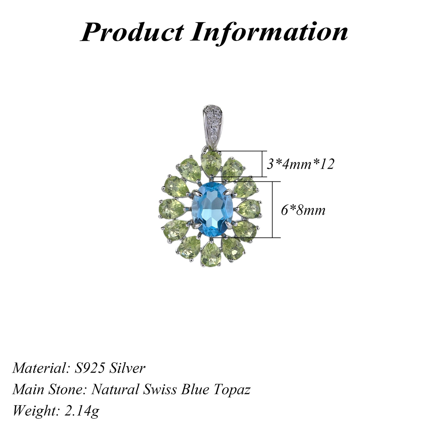 Unique Rhodium Plated 925 Silver Jewelry Natural Swiss Blue Topaz Pendant