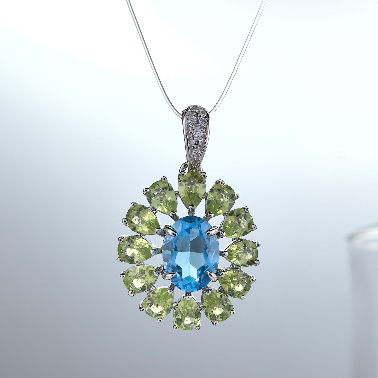 Unique Rhodium Plated 925 Silver Jewelry Natural Swiss Blue Topaz Pendant