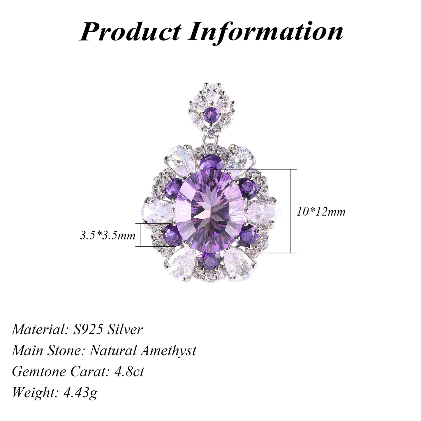 925 Sterling Silver Natural Amethyst Pendant Dazzling Rhodium Plated
