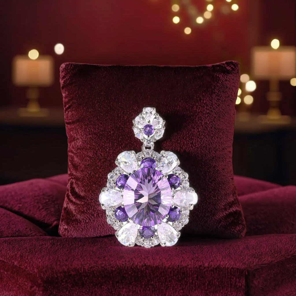 925 Sterling Silver Natural Amethyst Pendant Dazzling Rhodium Plated