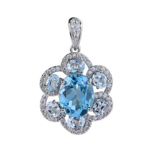 Elegant Rhodium Plated 925 Sterling Silver Natural Swiss Blue Topaz Flower Pendant