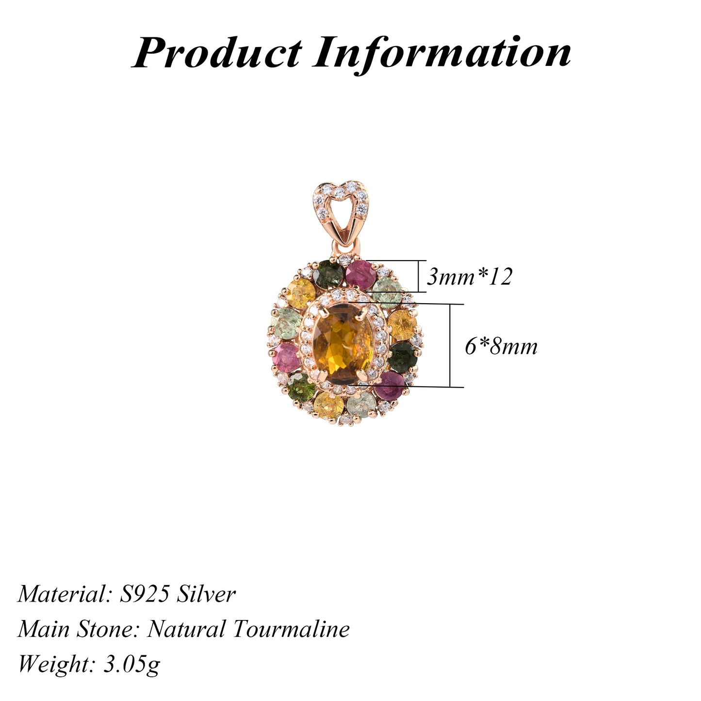 Delicate Rose Gold Plated 925 Sterling Silver Natural Tourmaline Pendant