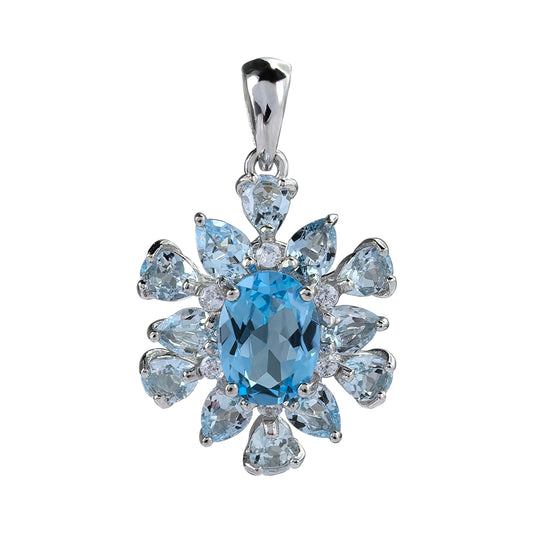 Exquisite Rhodium Plated 925 Sterling Silver Natural Swiss Blue Topaz Flower Pendant