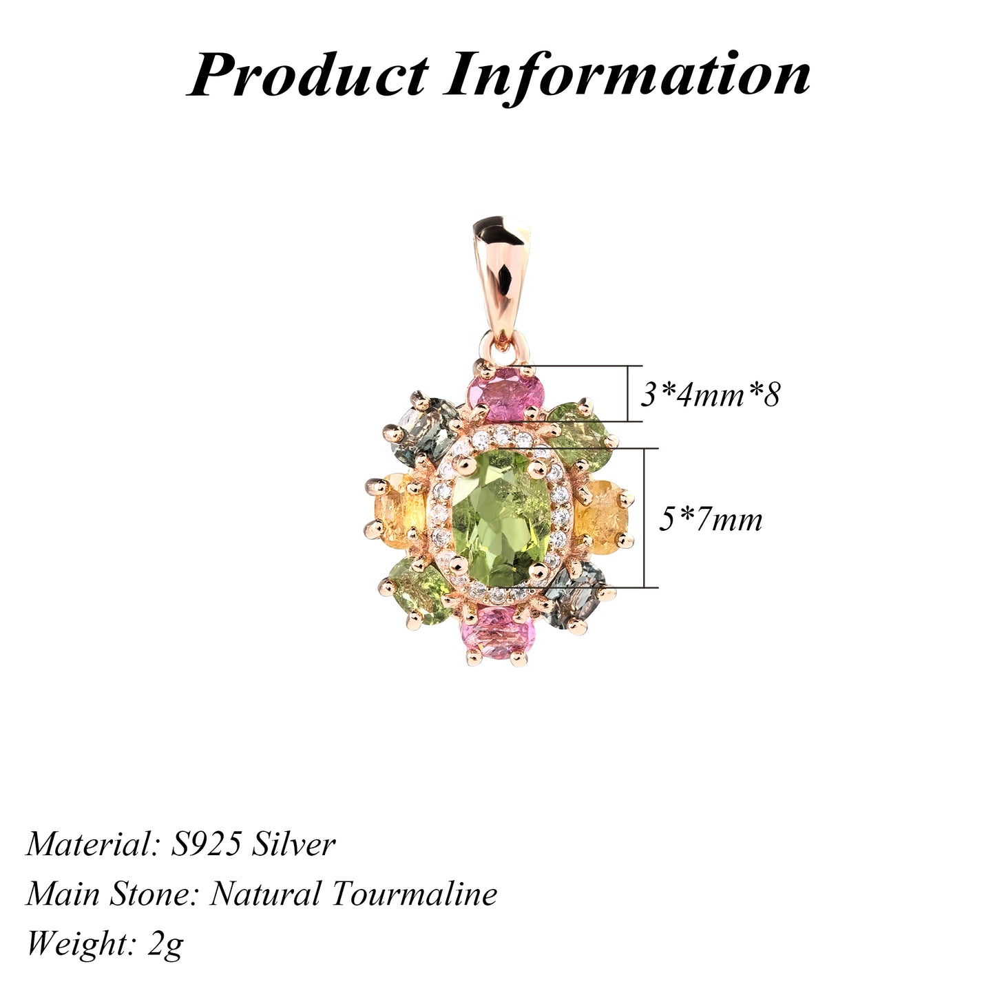 Gorgeous Rose Gold Plated 925 Sterling Silver Natural Tourmaline Flower Pendant