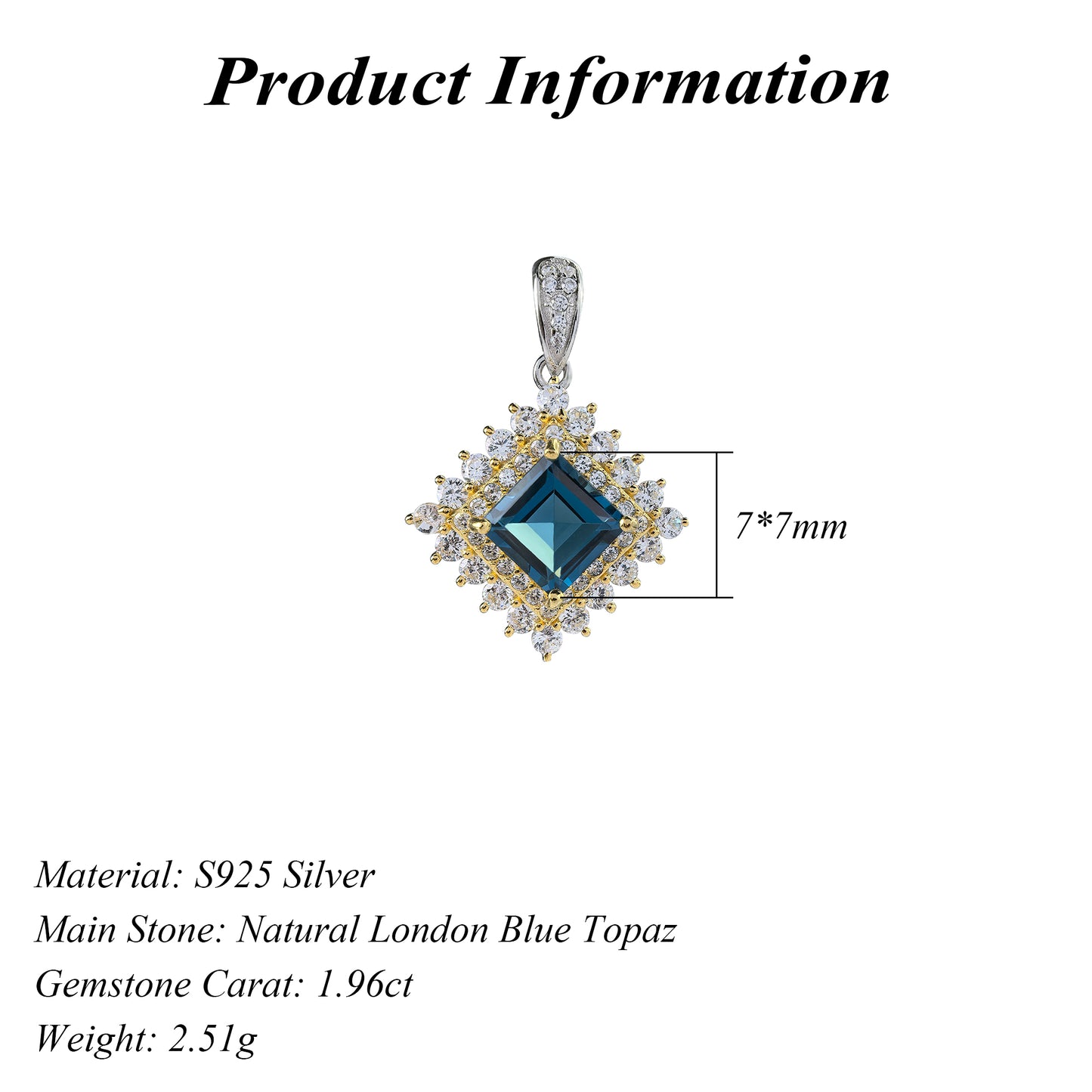 Sparkling Dual Color Plated 925 Sterling Silver Natural London Blue Topaz Pendant