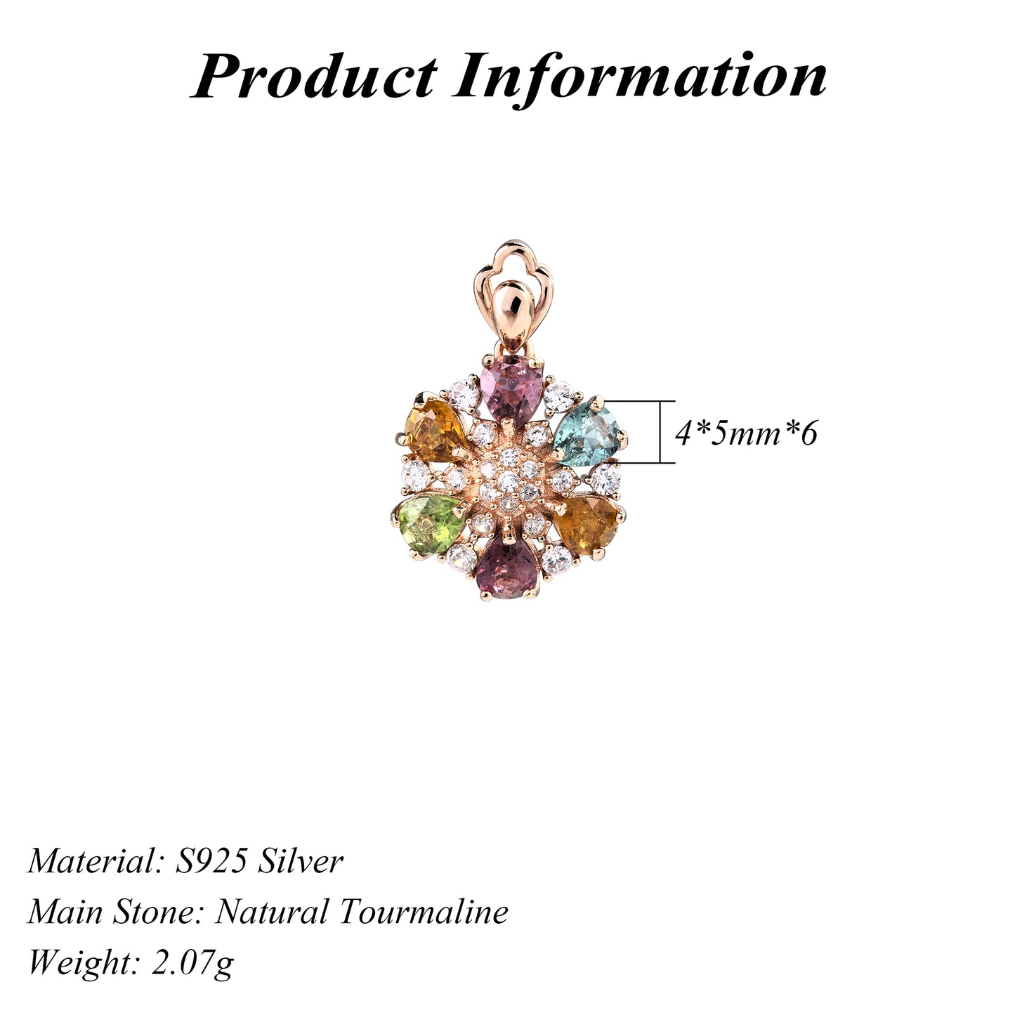 Charming Rose Gold Plated 925 Sterling Silver Natural Tourmaline Flower Pendant