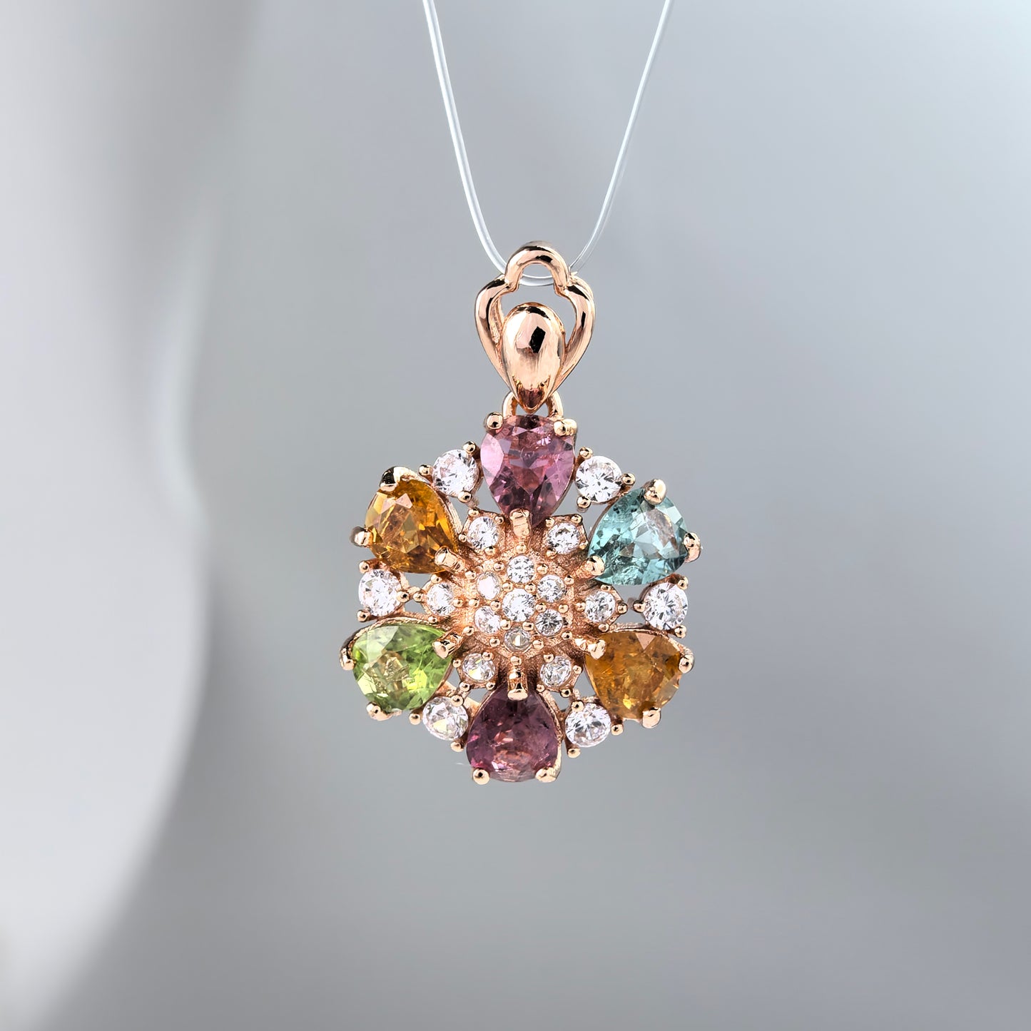 Charming Rose Gold Plated 925 Sterling Silver Natural Tourmaline Flower Pendant
