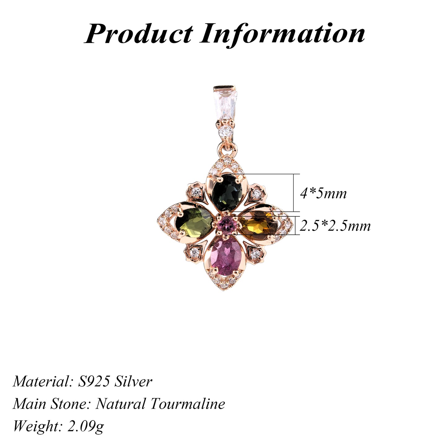 Gorgeous Rose Gold Plated 925 Sterling Silver Natural Tourmaline Pendant