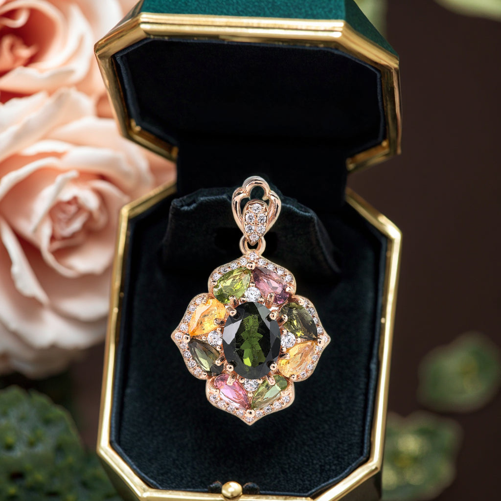 Graceful Rose Gold Plated 925 Sterling Silver Natural Tourmaline Flower Pendant