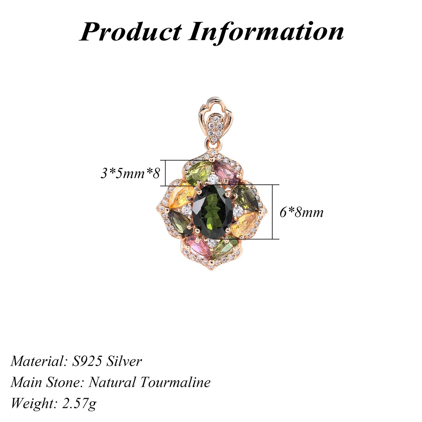 Graceful Rose Gold Plated 925 Sterling Silver Natural Tourmaline Flower Pendant