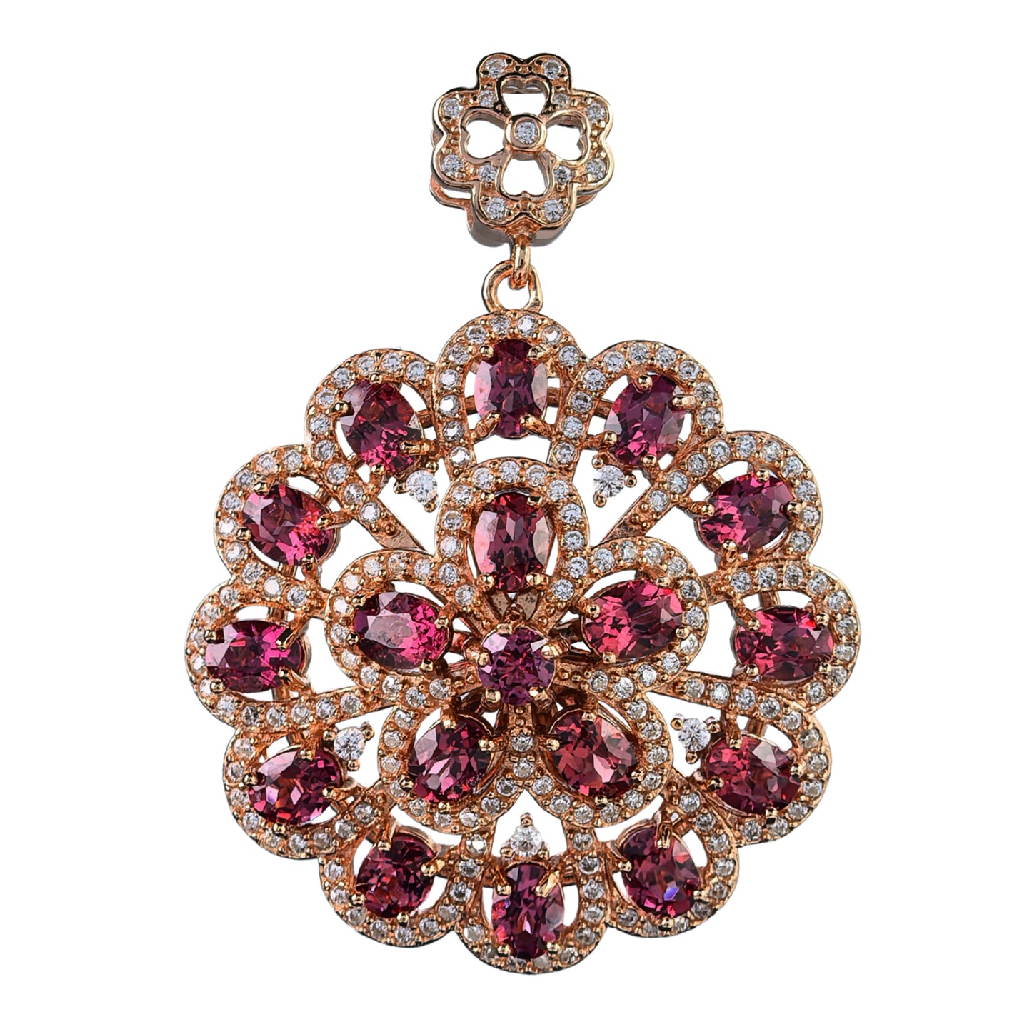 Elegant Rhodium/Rose Gold Plated 925 Silver Natural Pyrope/Sapphire Flower Pendant