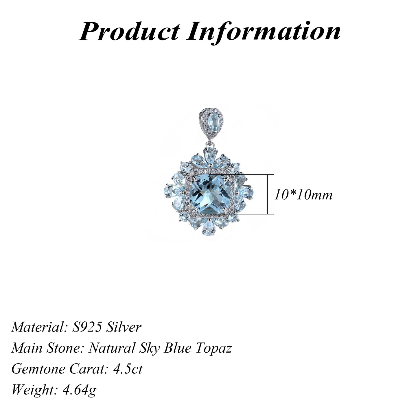 Sparkling Rhodium Plated Silver 925 Jewelry Natural Sky Blue Topaz Pendant