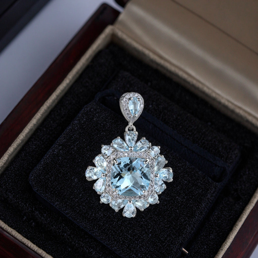 Sparkling Rhodium Plated Silver 925 Jewelry Natural Sky Blue Topaz Pendant
